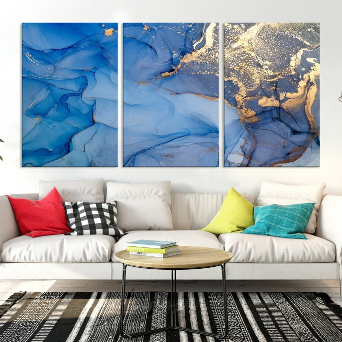 Blue Gold Fluid Effect Marble Wall Art Modern Abstract Canvas Print