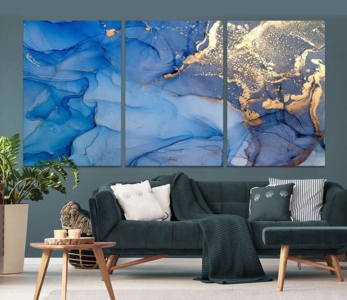 Blue Gold Fluid Effect Marble Wall Art Modern Abstract Canvas Print