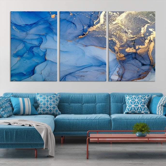 Blue Gold Fluid Effect Marble Wall Art Modern Abstract Canvas Print