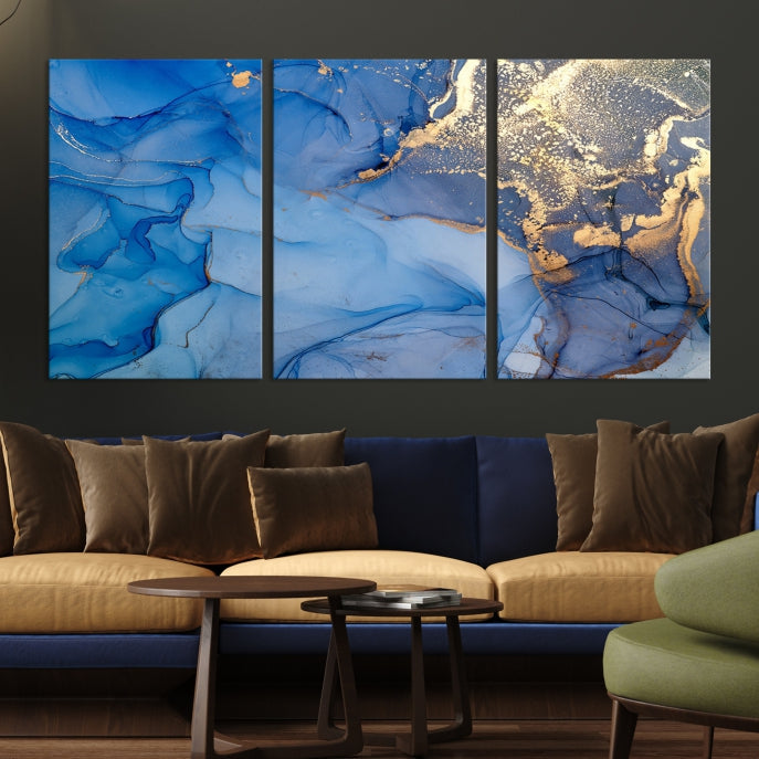 Blue Gold Fluid Effect Marble Wall Art Modern Abstract Canvas Print