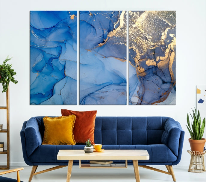 Blue Gold Fluid Effect Marble Wall Art Modern Abstract Canvas Print