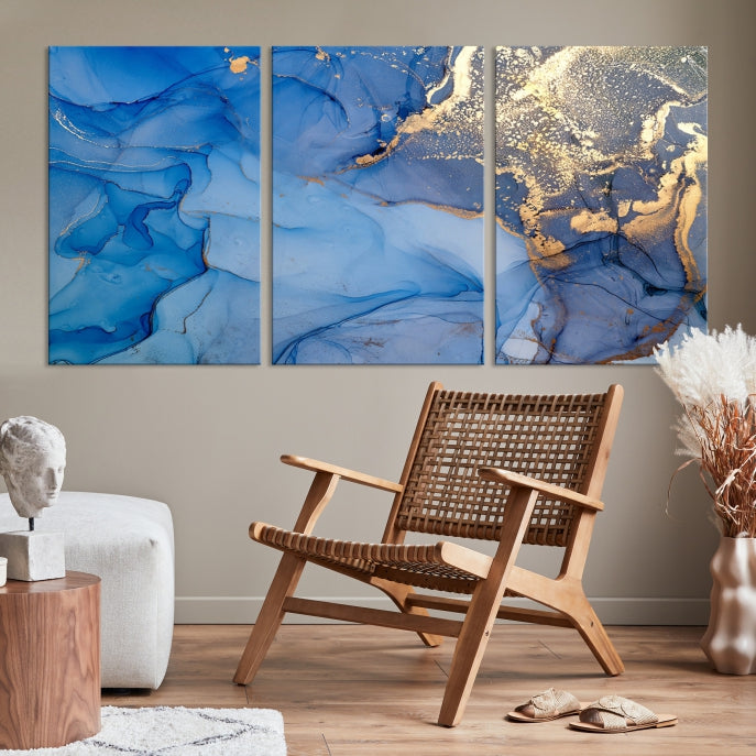 Blue Gold Fluid Effect Marble Wall Art Modern Abstract Canvas Print