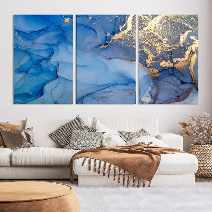 Blue Gold Fluid Effect Marble Wall Art Modern Abstract Canvas Print