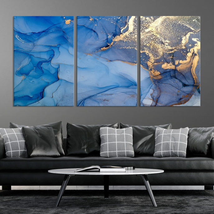 Blue Gold Fluid Effect Marble Wall Art Modern Abstract Canvas Print