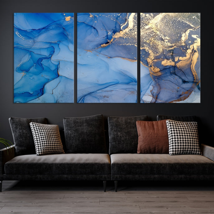 Blue Gold Fluid Effect Marble Wall Art Modern Abstract Canvas Print