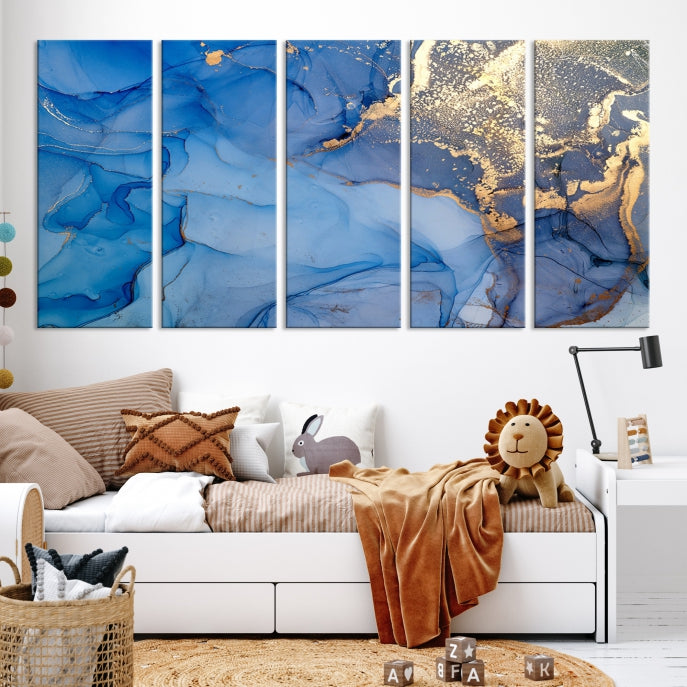 Blue Gold Fluid Effect Marble Wall Art Modern Abstract Canvas Print