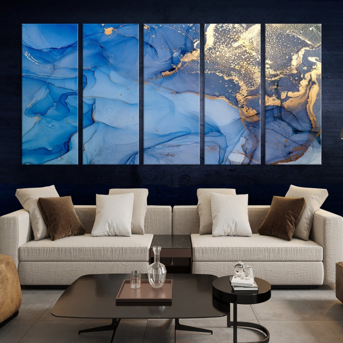 Blue Gold Fluid Effect Marble Wall Art Modern Abstract Canvas Print