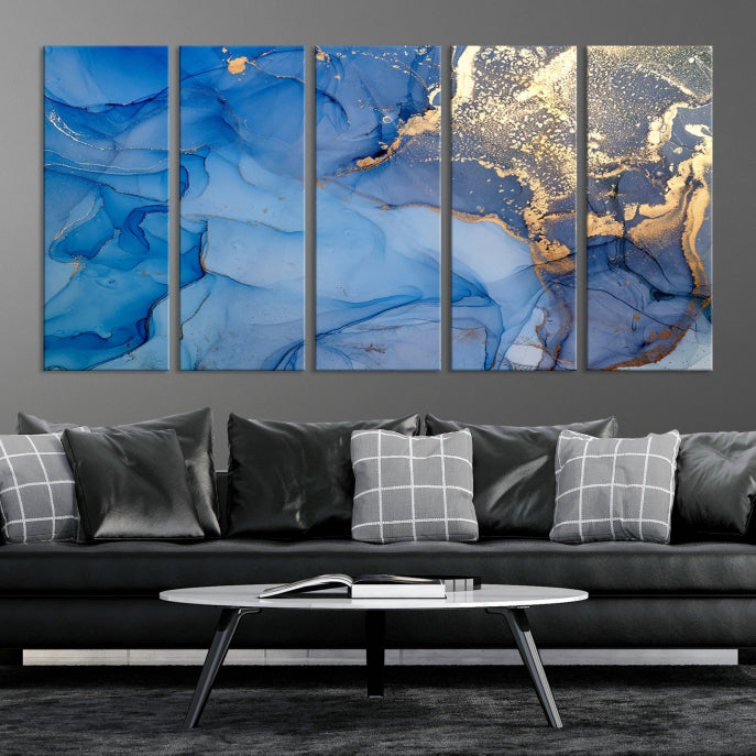 Blue Gold Fluid Effect Marble Wall Art Modern Abstract Canvas Print