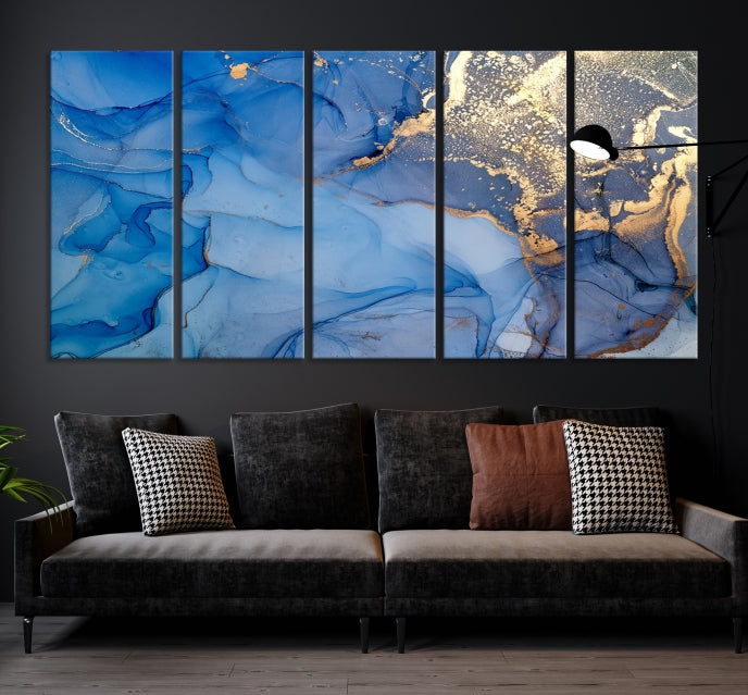 Blue Gold Fluid Effect Marble Wall Art Modern Abstract Canvas Print