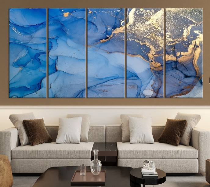 Blue Gold Fluid Effect Marble Wall Art Modern Abstract Canvas Print