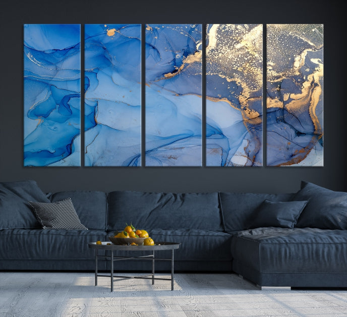 Blue Gold Fluid Effect Marble Wall Art Modern Abstract Canvas Print