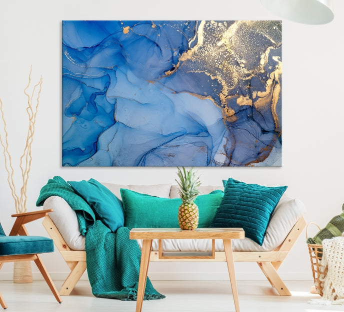 Blue Gold Fluid Effect Marble Wall Art Modern Abstract Canvas Print