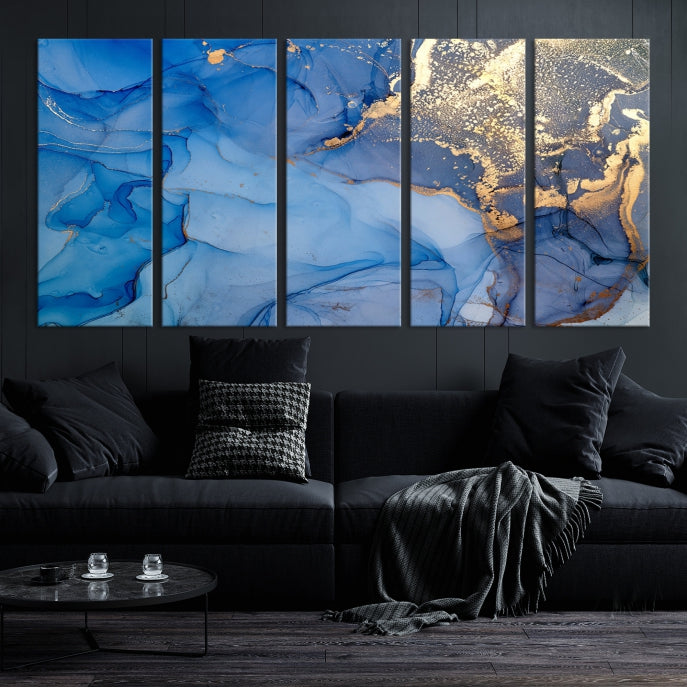 Blue Gold Fluid Effect Marble Wall Art Modern Abstract Canvas Print