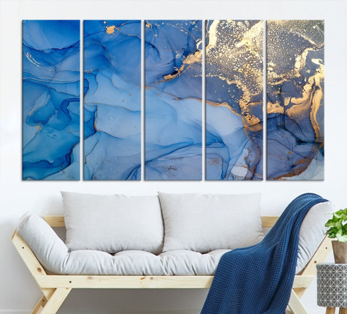 Blue Gold Fluid Effect Marble Wall Art Modern Abstract Canvas Print