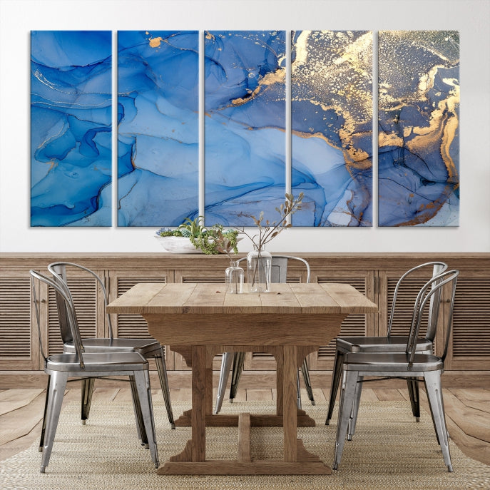 Blue Gold Fluid Effect Marble Wall Art Modern Abstract Canvas Print