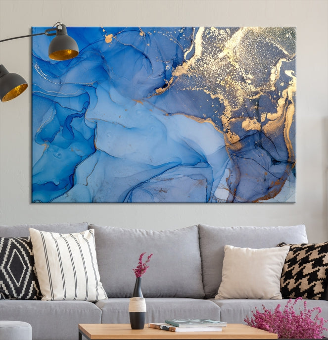 Blue Gold Fluid Effect Marble Wall Art Modern Abstract Canvas Print