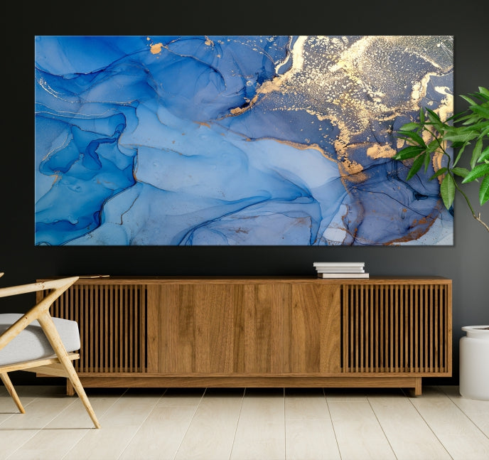 Blue Gold Fluid Effect Marble Wall Art Modern Abstract Canvas Print