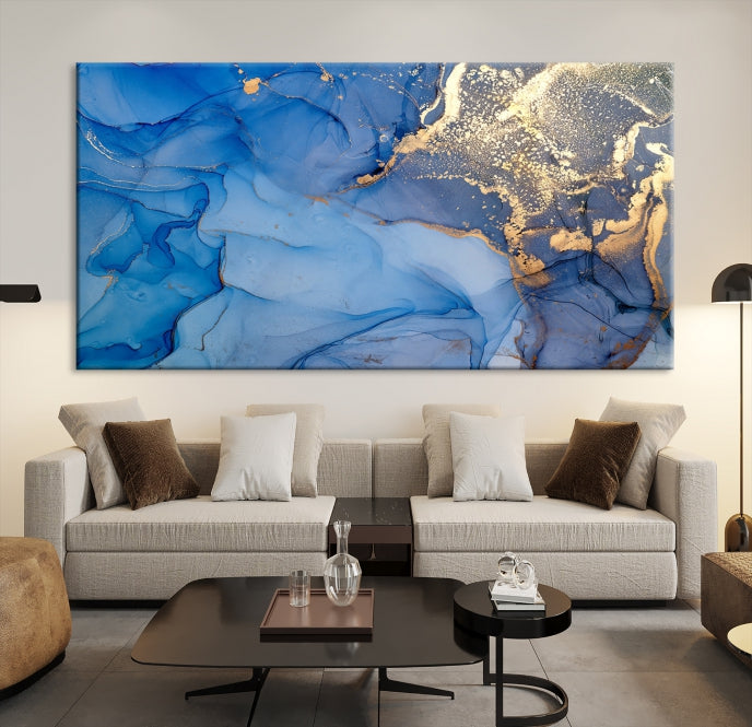 Blue Gold Fluid Effect Marble Wall Art Modern Abstract Canvas Print