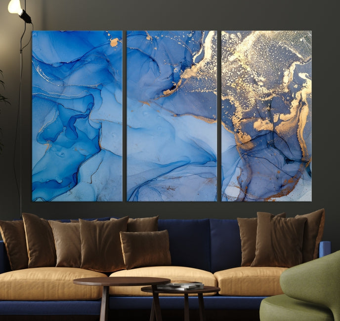 Blue Gold Fluid Effect Marble Wall Art Modern Abstract Canvas Print