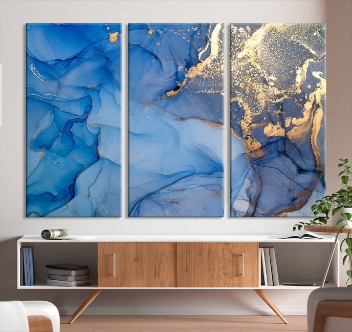 Blue Gold Fluid Effect Marble Wall Art Modern Abstract Canvas Print