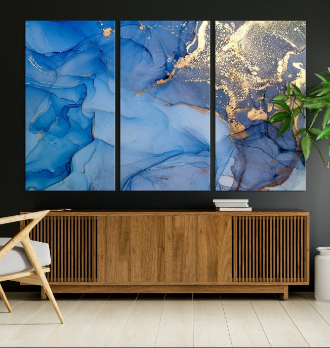 Blue Gold Fluid Effect Marble Wall Art Modern Abstract Canvas Print