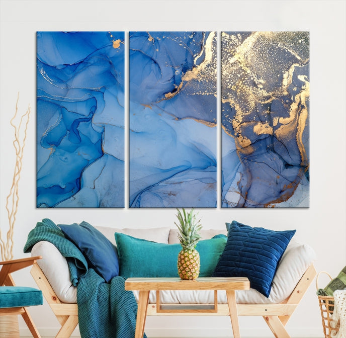 Blue Gold Fluid Effect Marble Wall Art Modern Abstract Canvas Print