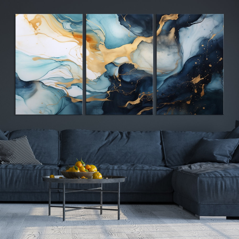 Blue Gold Modern Painting on Canvas Printed Art Framed Piece Wall Art Print