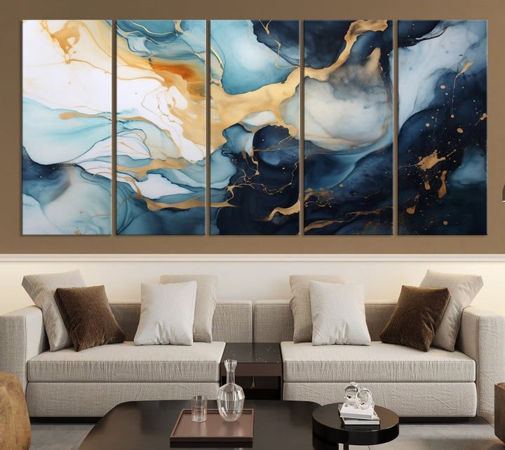 Blue Gold Modern Painting on Canvas Printed Art Framed Piece Wall Art Print