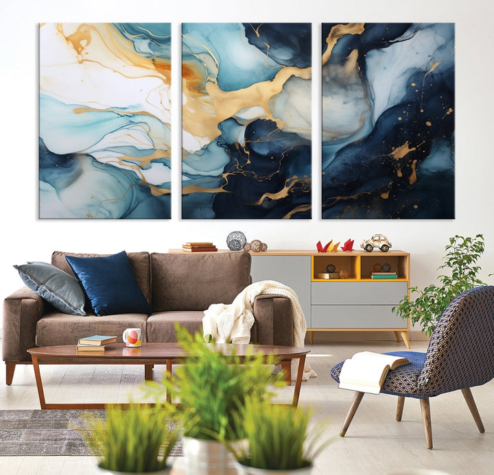 Blue Gold Modern Painting on Canvas Printed Art Framed Piece Wall Art Print