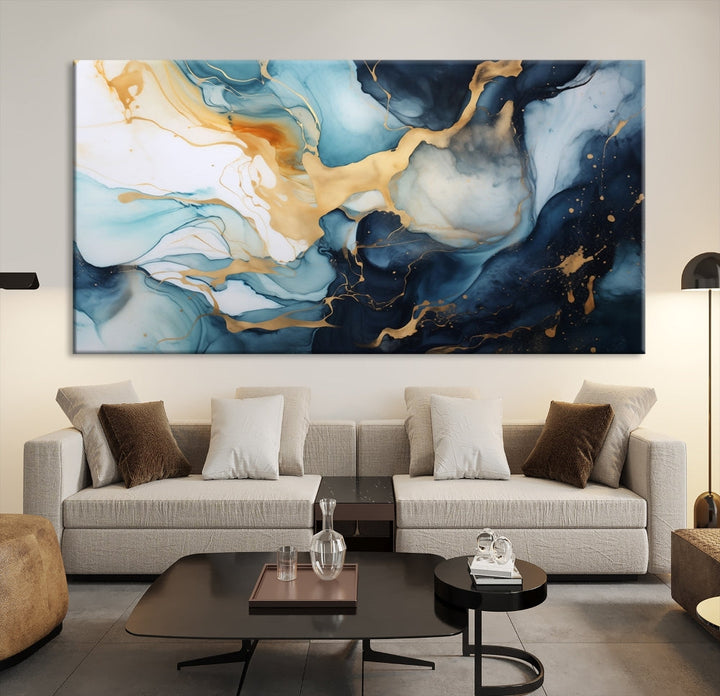 Blue Gold Modern Painting on Canvas Printed Art Framed Piece Wall Art Print