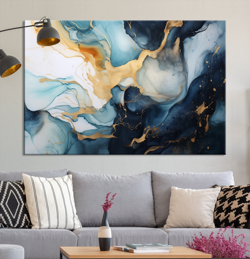 Blue Gold Modern Painting on Canvas Printed Art Framed Piece Wall Art Print