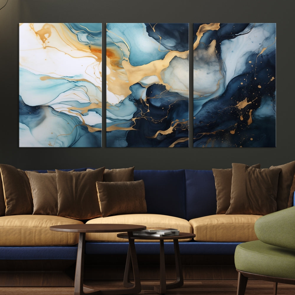 Blue Gold Modern Painting on Canvas Printed Art Framed Piece Wall Art Print