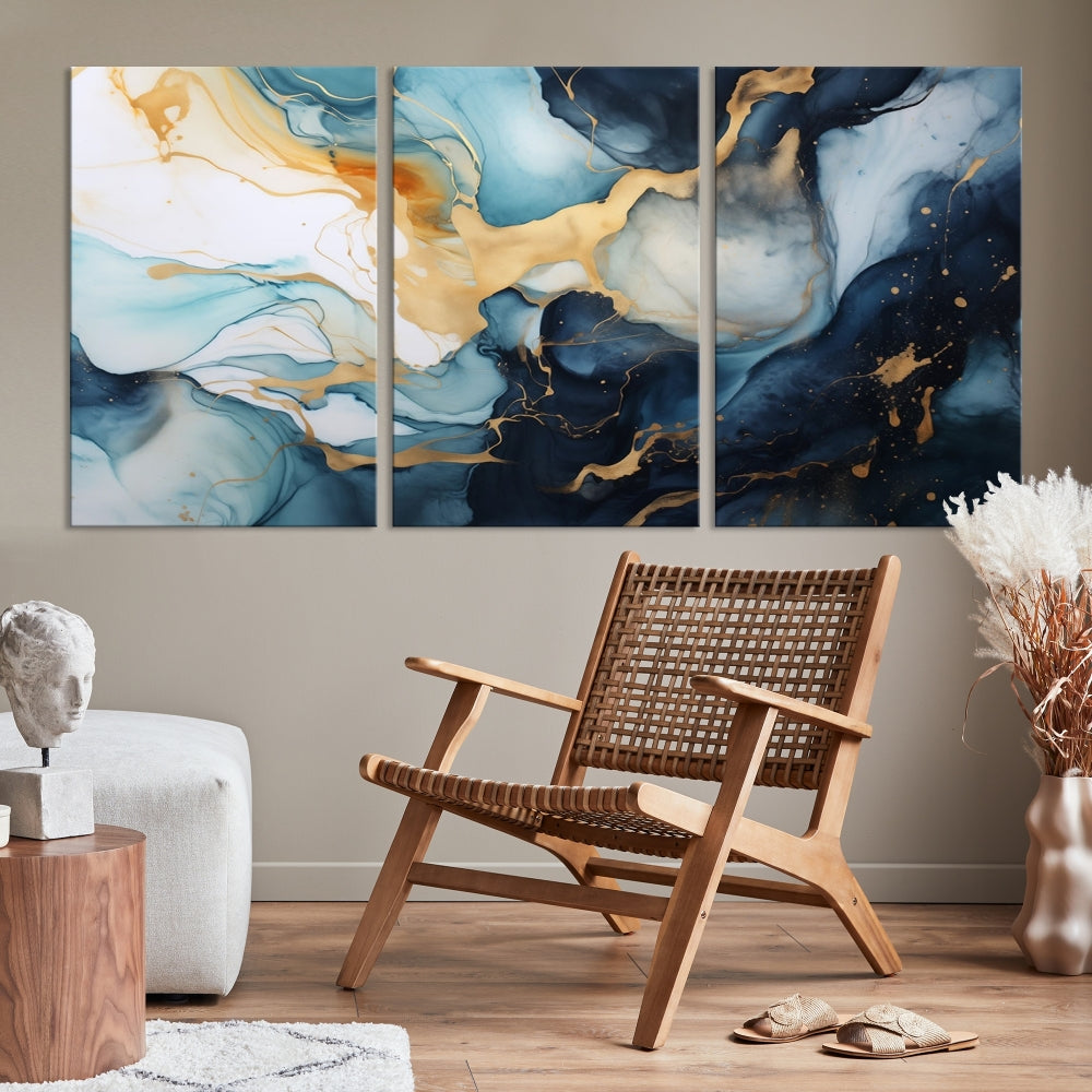 Blue Gold Modern Painting on Canvas Printed Art Framed Piece Wall Art Print