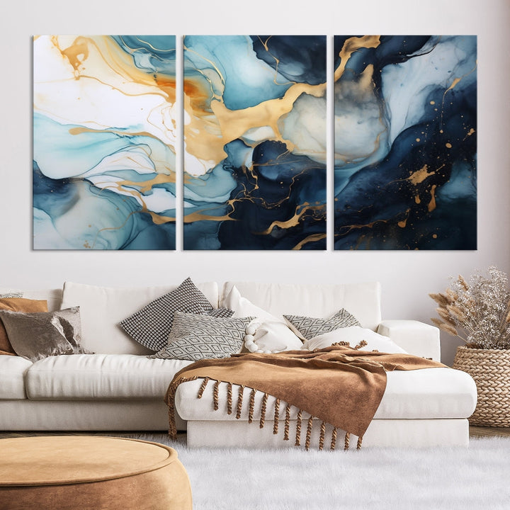 Blue Gold Modern Painting on Canvas Printed Art Framed Piece Wall Art Print