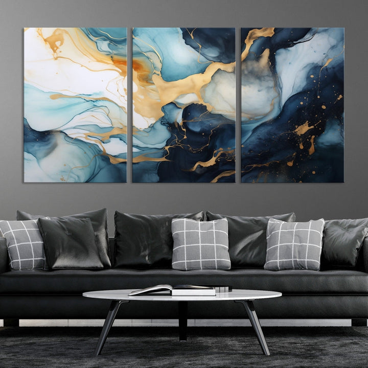 Blue Gold Modern Painting on Canvas Printed Art Framed Piece Wall Art Print