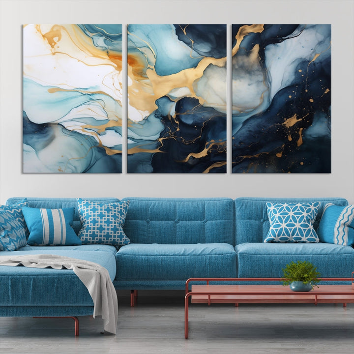 Blue Gold Modern Painting on Canvas Printed Art Framed Piece Wall Art Print