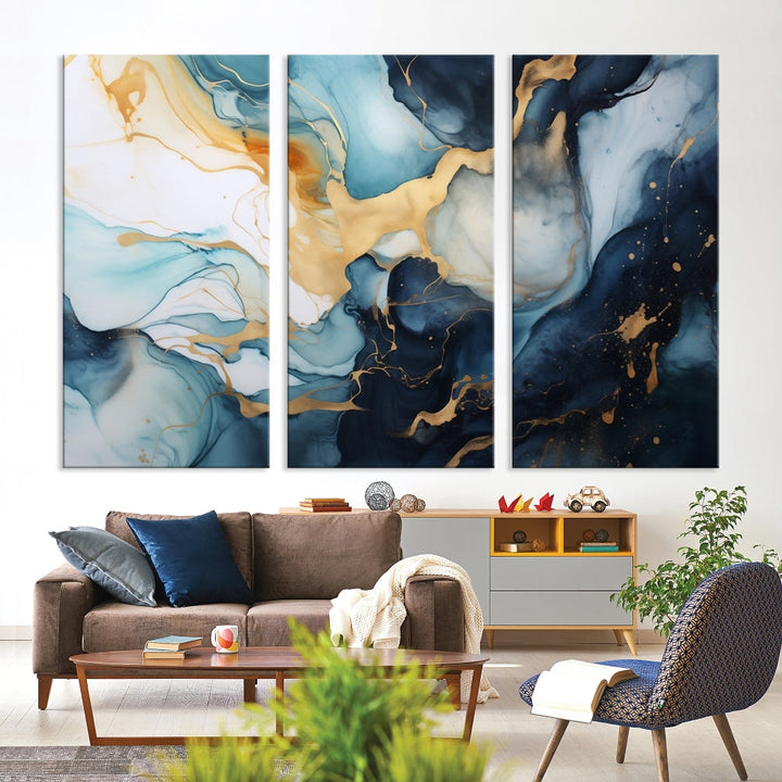 Blue Gold Modern Painting on Canvas Printed Art Framed Piece Wall Art Print