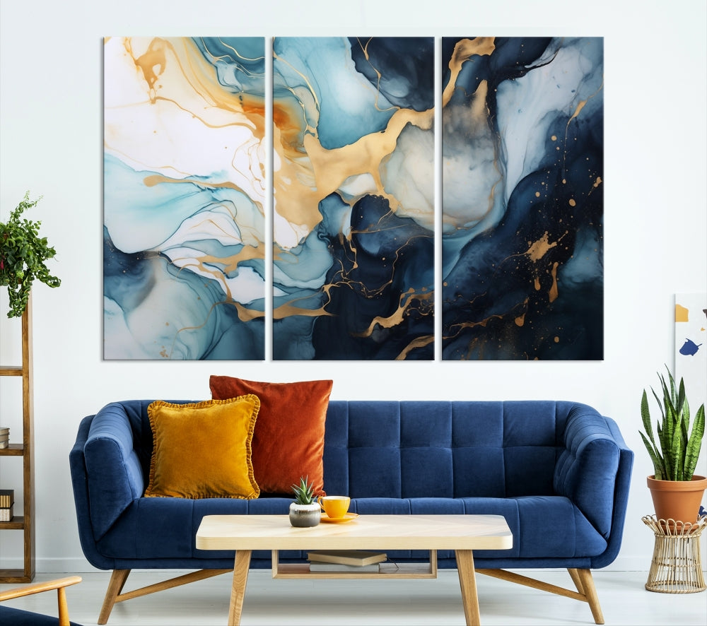 Blue Gold Modern Painting on Canvas Printed Art Framed Piece Wall Art Print