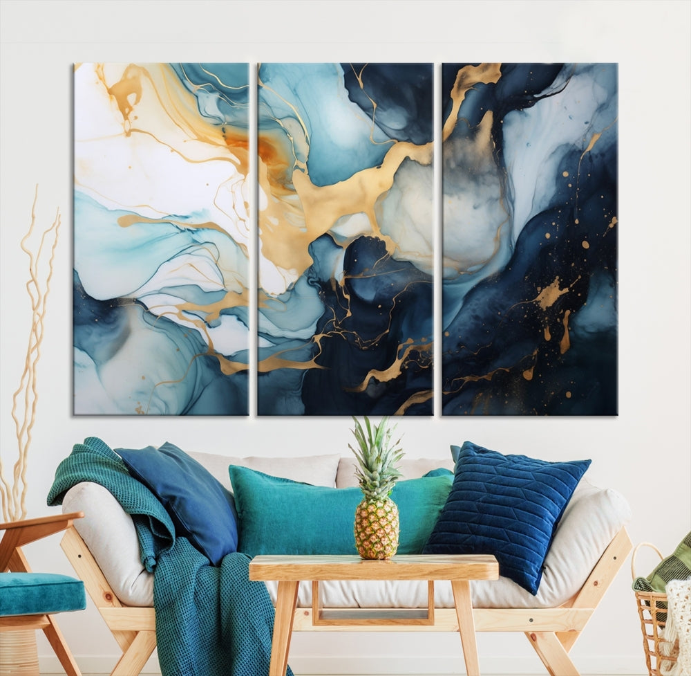 Blue Gold Modern Painting on Canvas Printed Art Framed Piece Wall Art Print