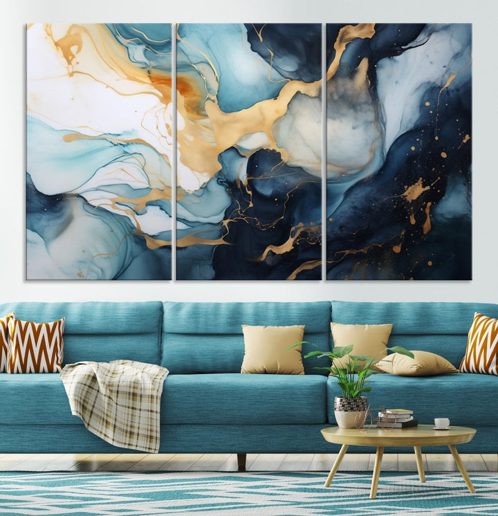 Blue Gold Modern Painting on Canvas Printed Art Framed Piece Wall Art Print