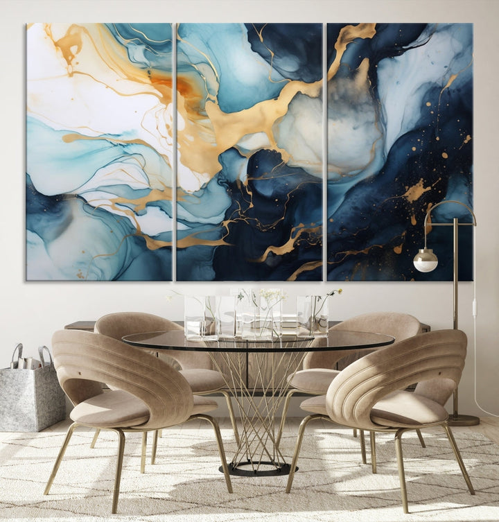 Blue Gold Modern Painting on Canvas Printed Art Framed Piece Wall Art Print