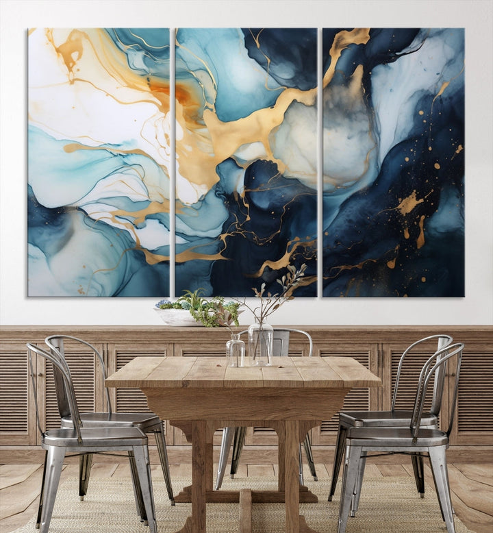 Blue Gold Modern Painting on Canvas Printed Art Framed Piece Wall Art Print