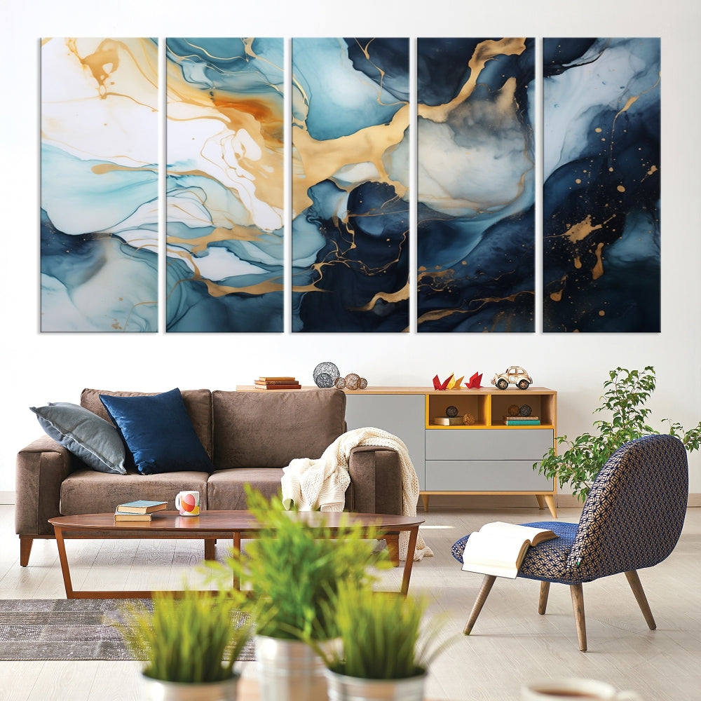 Blue Gold Modern Painting on Canvas Printed Art Framed Piece Wall Art Print