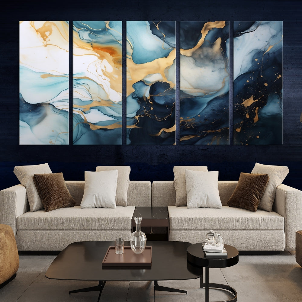 Blue Gold Modern Painting on Canvas Printed Art Framed Piece Wall Art Print