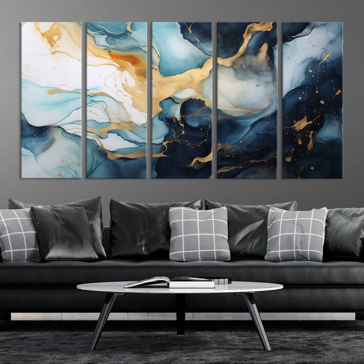 Blue Gold Modern Painting on Canvas Printed Art Framed Piece Wall Art Print