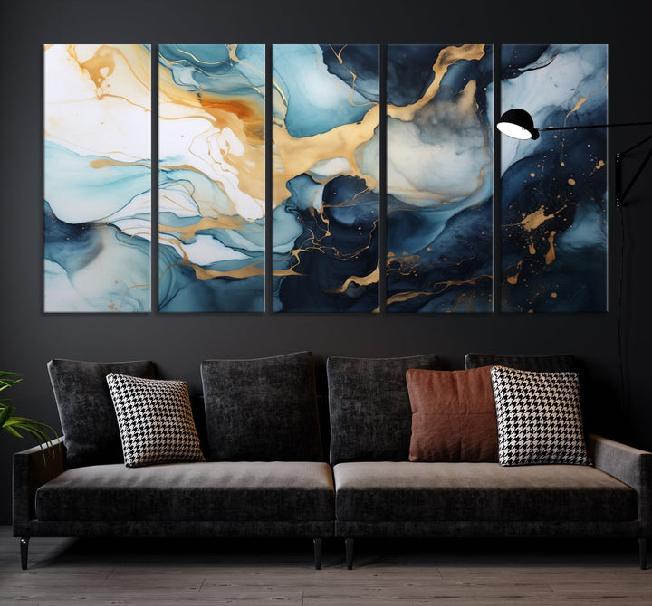 Blue Gold Modern Painting on Canvas Printed Art Framed Piece Wall Art Print