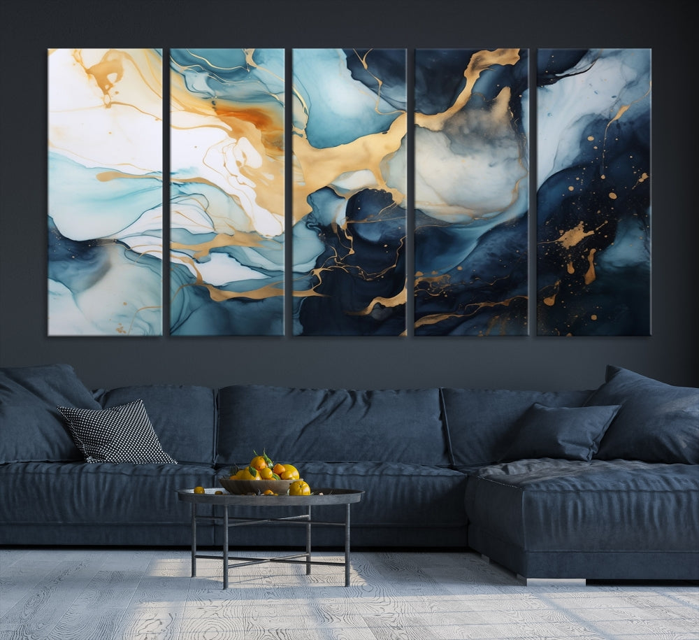 Blue Gold Modern Painting on Canvas Printed Art Framed Piece Wall Art Print