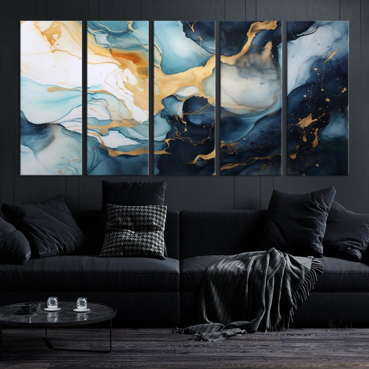 Blue Gold Modern Painting on Canvas Printed Art Framed Piece Wall Art Print