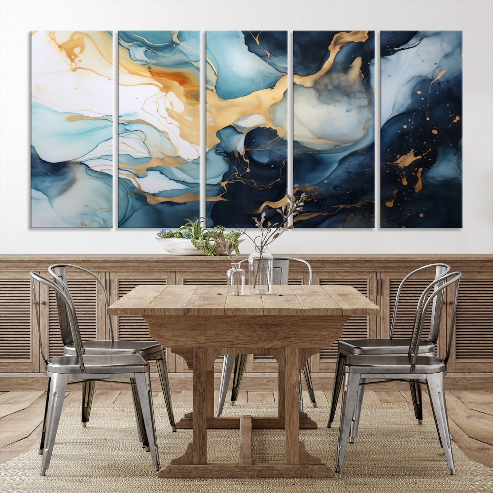 Blue Gold Modern Painting on Canvas Printed Art Framed Piece Wall Art Print