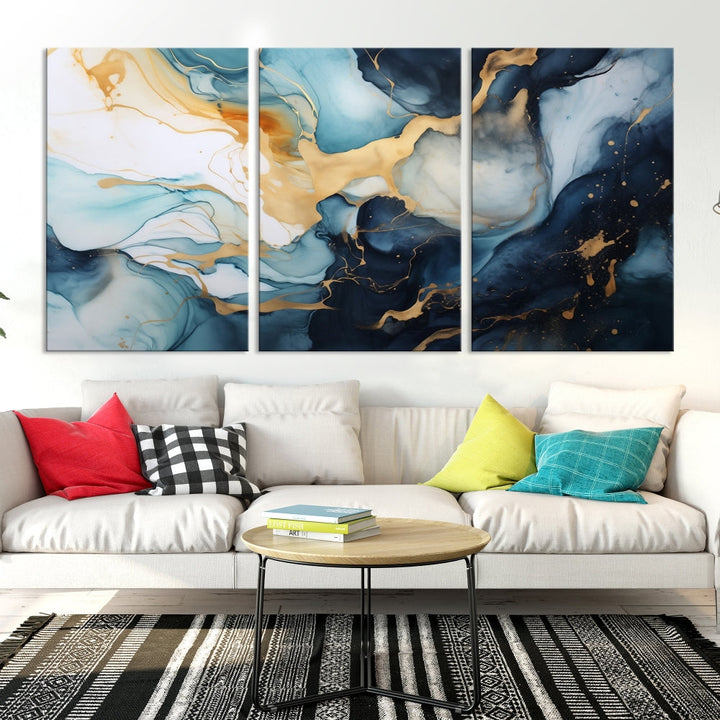 Blue Gold Modern Painting on Canvas Printed Art Framed Piece Wall Art Print